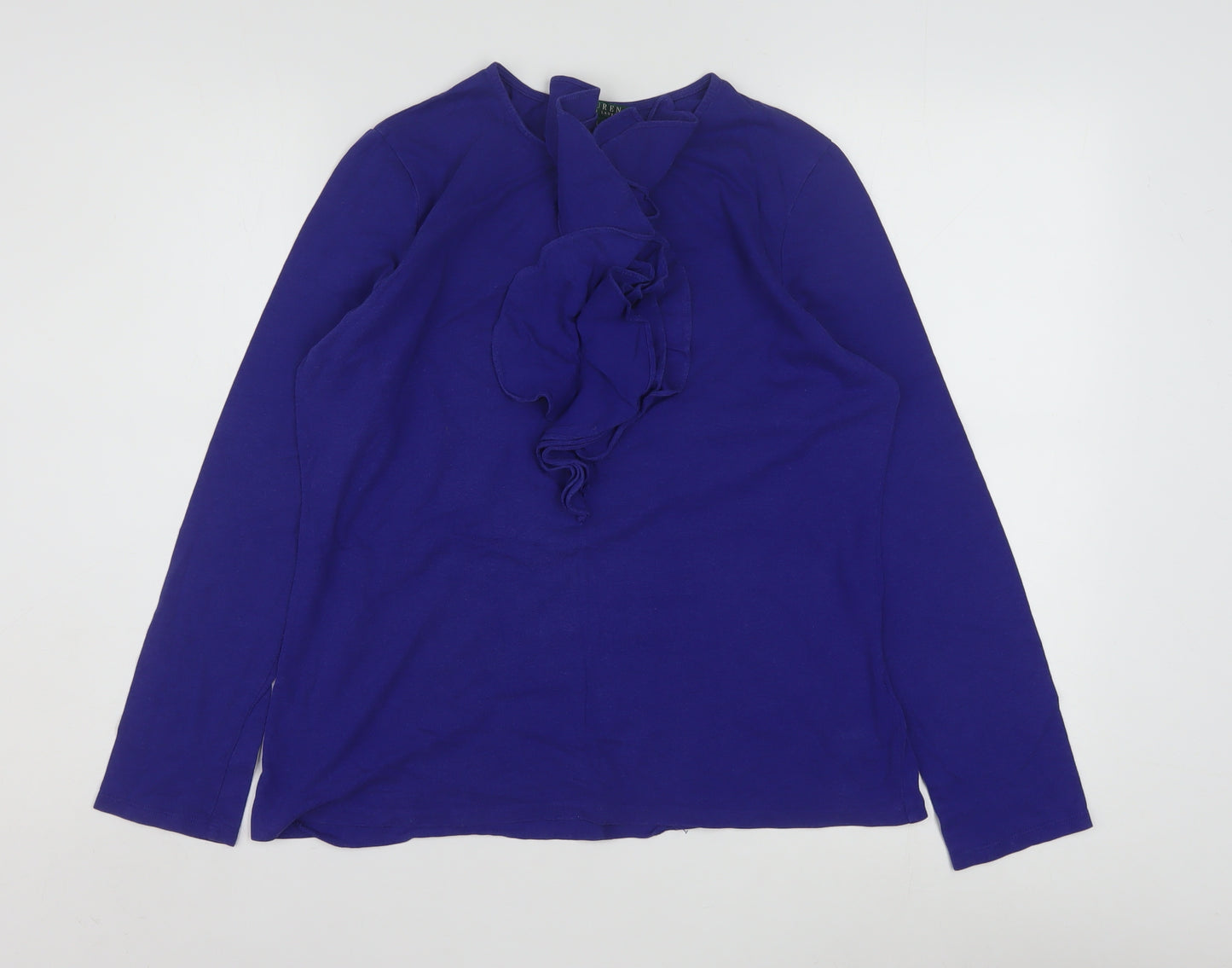 Ralph Lauren Women's Blue Ruffle Long Sleeve Cotton Modal Tunic Blouse L
