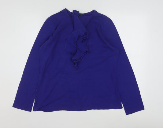 Ralph Lauren Women's Blue Ruffle Long Sleeve Cotton Modal Tunic Blouse L