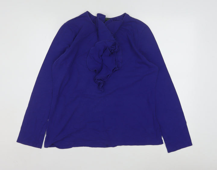Ralph Lauren Women's Blue Ruffle Long Sleeve Cotton Modal Tunic Blouse L