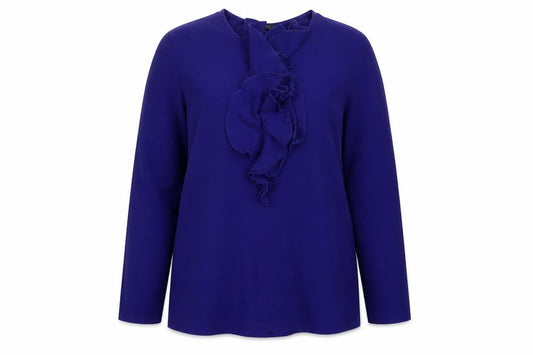 Front view of Ralph Lauren Women's Blue Ruffle Long Sleeve Cotton Modal Tunic Blouse L