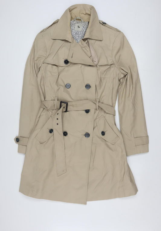 Tu Women Beige Trench Coat Size 14 Belted Mid-Length Cotton Blend