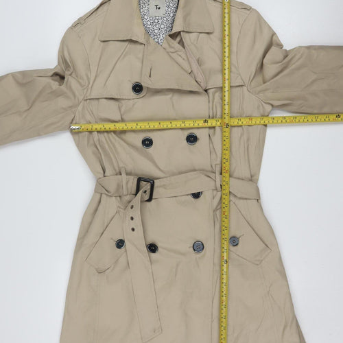 Tu Women Beige Trench Coat Size 14 Belted Mid-Length Cotton Blend
