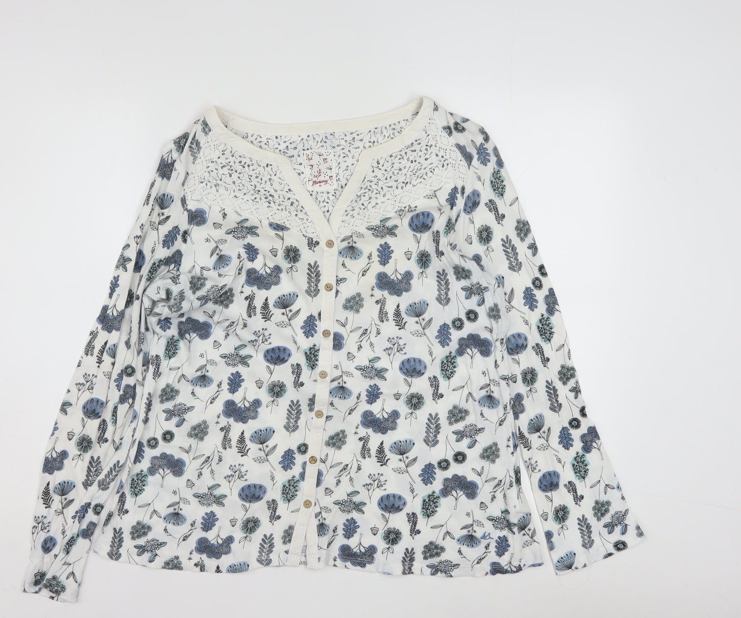 Mantaray Women’s White Floral Long Sleeve Cotton Tunic Blouse Size 14