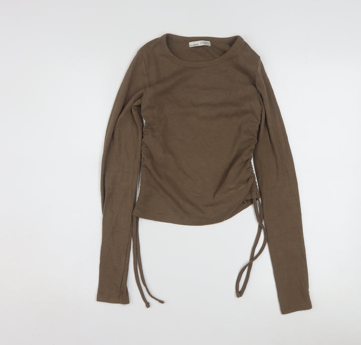 Pull&Bear Women’s Brown Cropped Long Sleeve Stretch Top Size 12