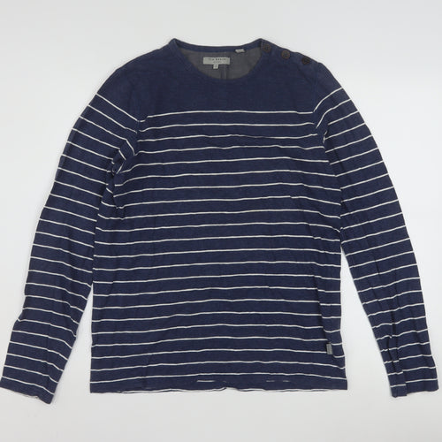 Ted Baker Men Blue Striped Cotton Long Sleeve Button Crew Neck Top M