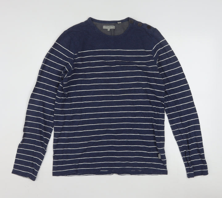 Ted Baker Men Blue Striped Cotton Long Sleeve Button Crew Neck Top M