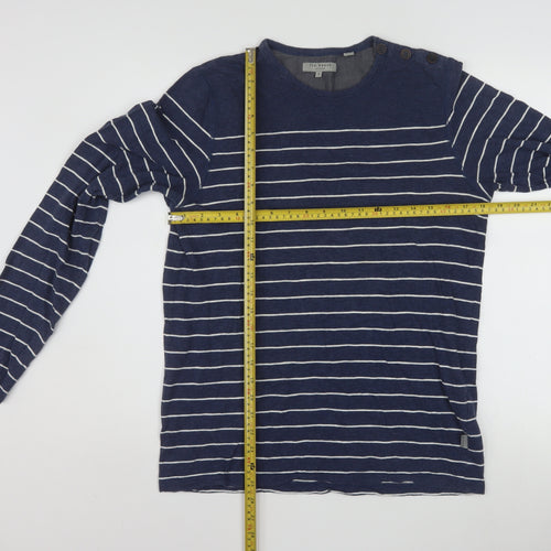 Ted Baker Men Blue Striped Cotton Long Sleeve Button Crew Neck Top M