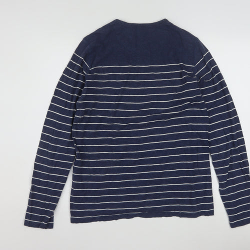 Ted Baker Men Blue Striped Cotton Long Sleeve Button Crew Neck Top M