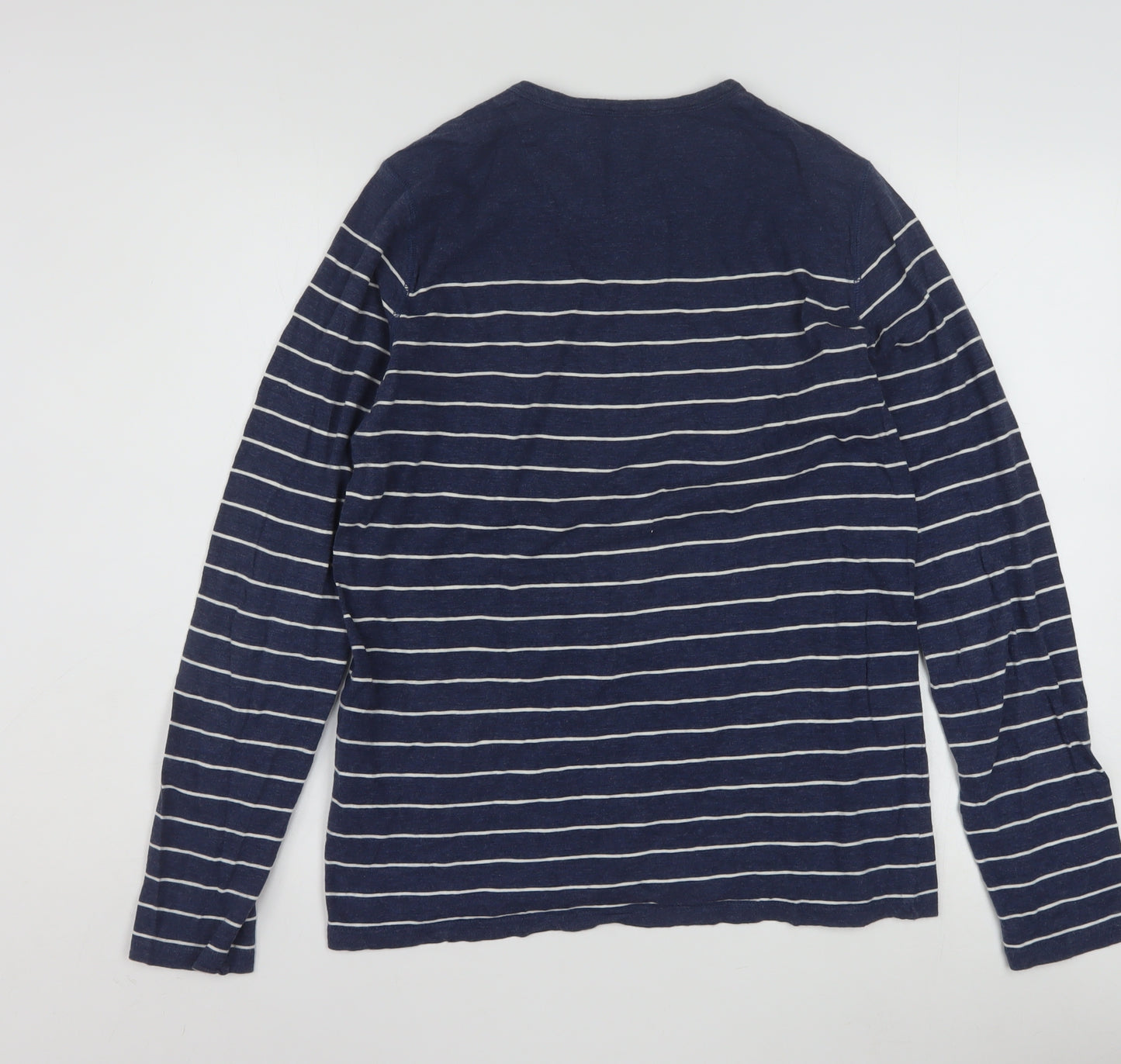 Ted Baker Men Blue Striped Cotton Long Sleeve Button Crew Neck Top M