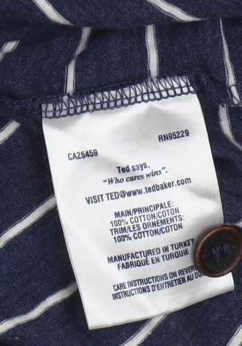 Ted Baker Men Blue Striped Cotton Long Sleeve Button Crew Neck Top M