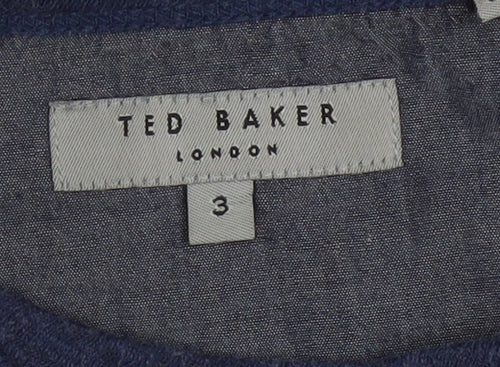 Ted Baker Men Blue Striped Cotton Long Sleeve Button Crew Neck Top M