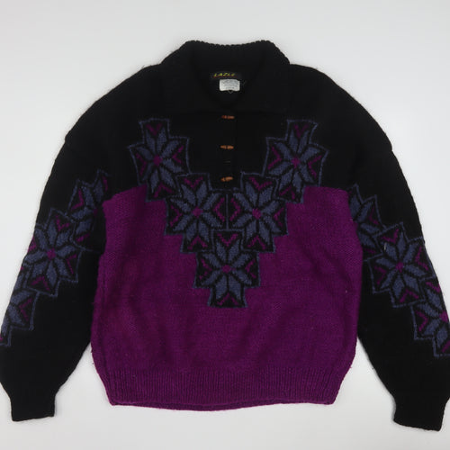 Lazle Men's Purple Black Wool Collared Chunky Knit Pullover Jumper L