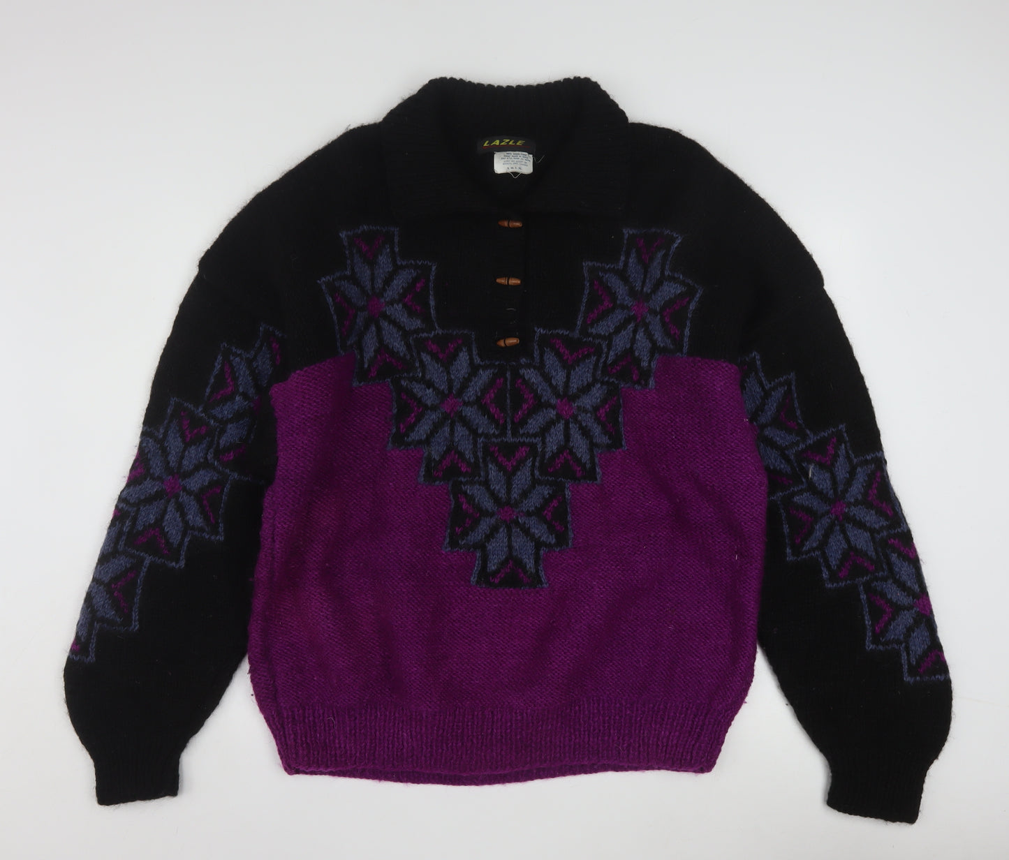 Lazle Men's Purple Black Wool Collared Chunky Knit Pullover Jumper L
