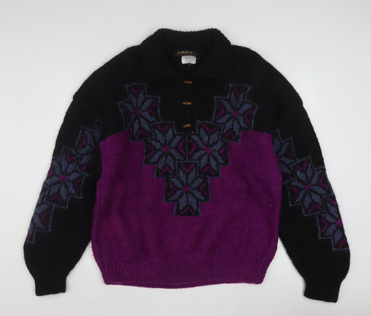 Lazle Men's Purple Black Wool Collared Chunky Knit Pullover Jumper L