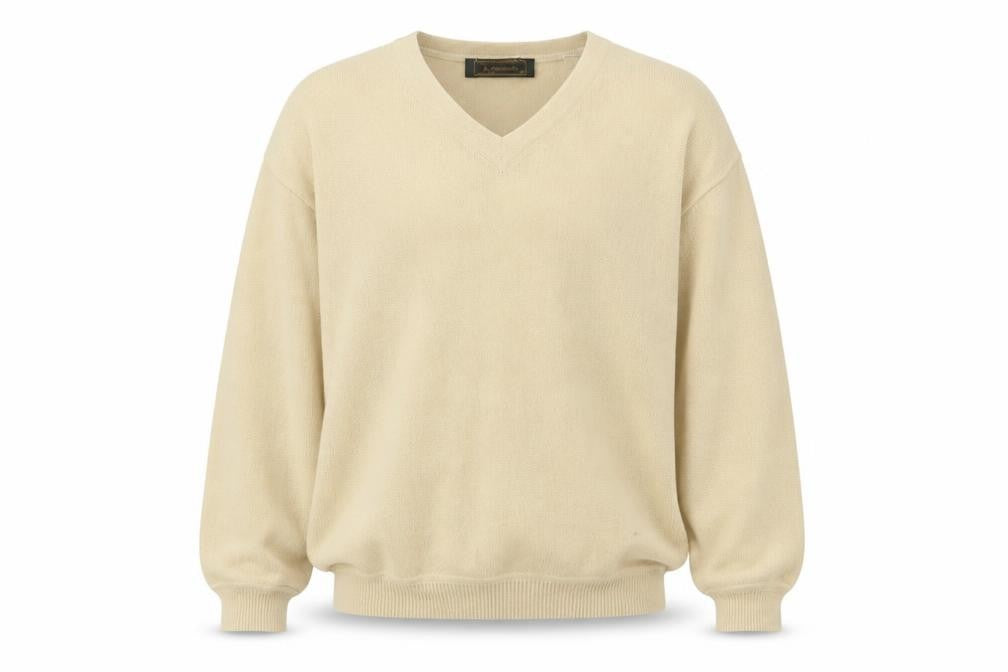 Front view of Peru Unlimited Men's Beige Alpaca Wool V-Neck Jumper, size L