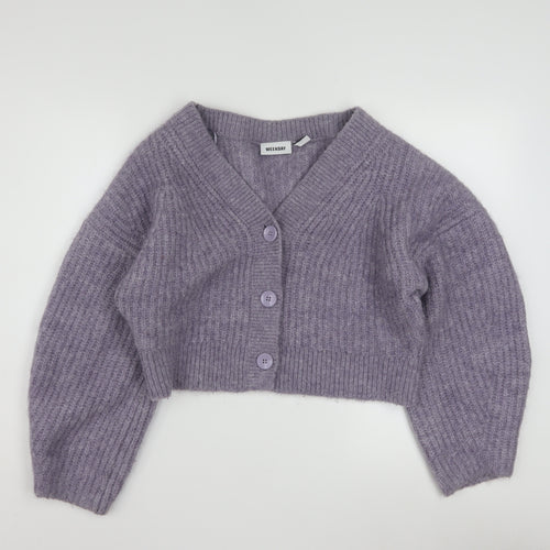 Weekday Women Purple Ribbed Cropped Cardigan XS Wool Blend Knit
