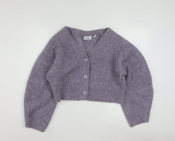 Weekday Women Purple Ribbed Cropped Cardigan XS Wool Blend Knit