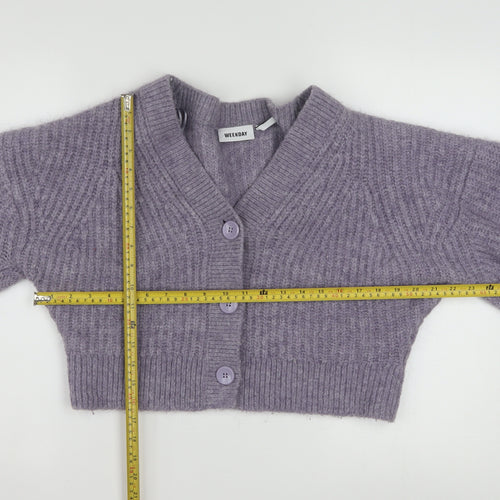 Weekday Women Purple Ribbed Cropped Cardigan XS Wool Blend Knit