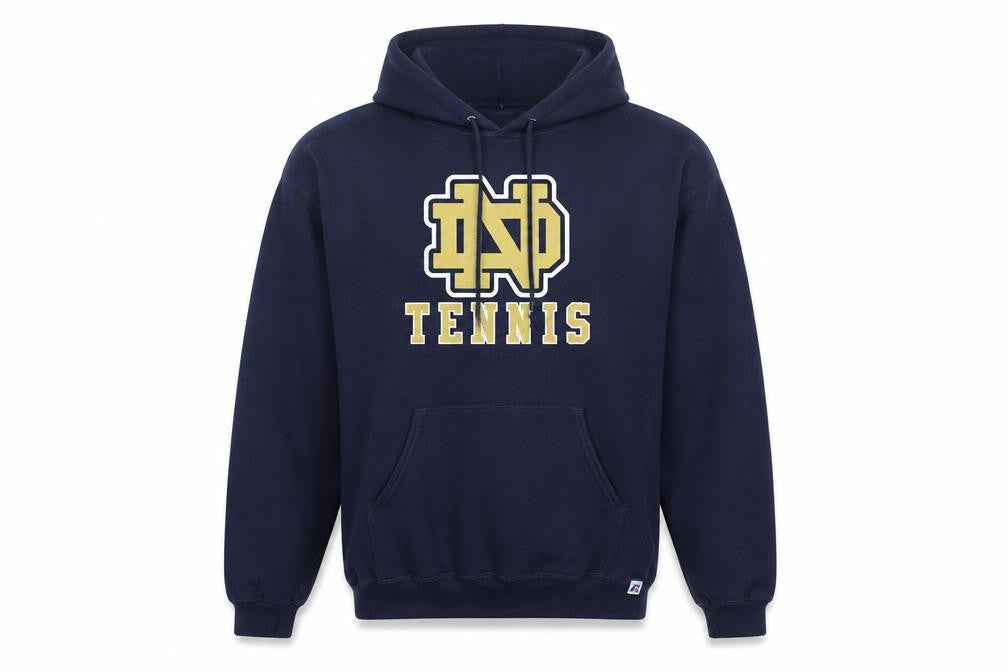 Front view of Russell Athletic Men's Blue Pullover Hoodie L Graphic Varsity Tennis