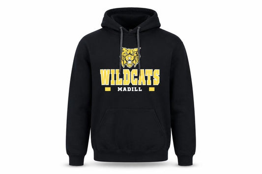 Front view of Fruit of the Loom men’s black pullover hoodie l wildcats graphic
