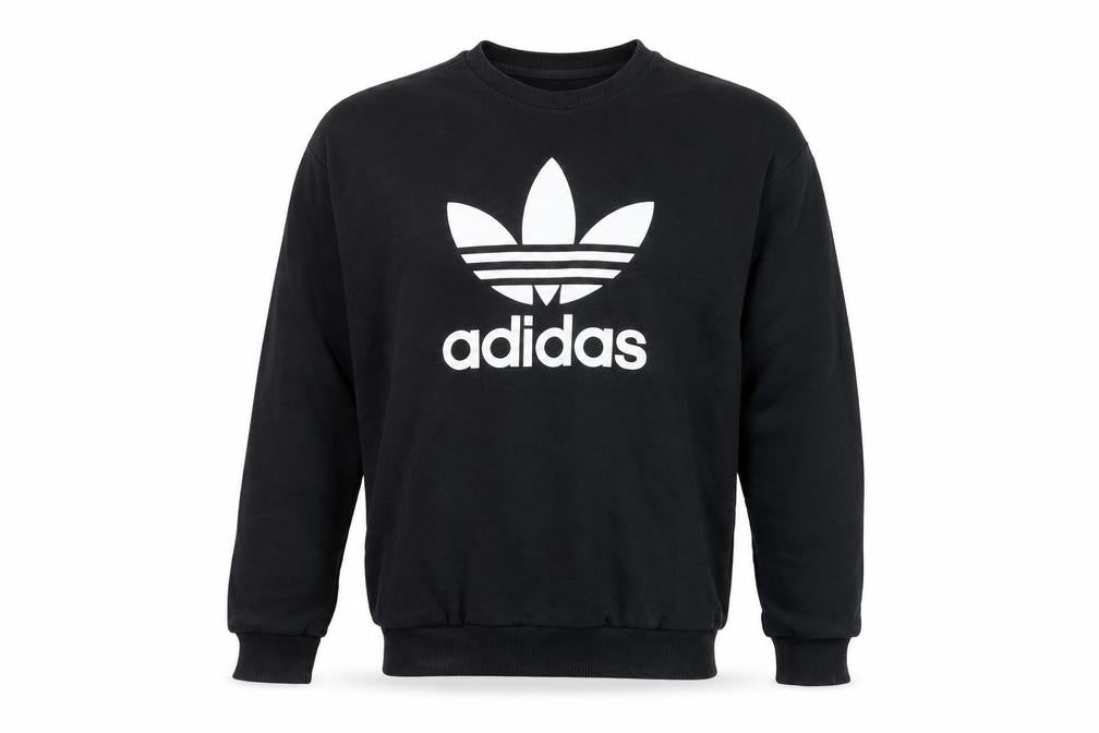Front view of Adidas men’s black trefoil logo pullover sweatshirt, size S