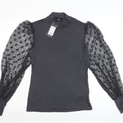 New Look Women’s Black Polka Dot Mesh Sleeve High Neck Blouse UK 14