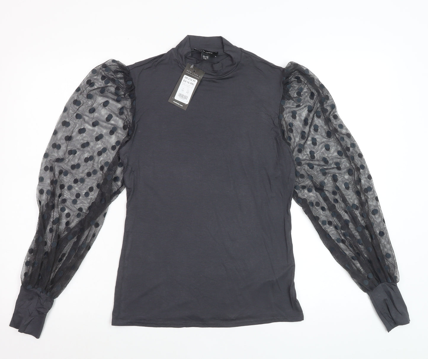 New Look Women’s Black Polka Dot Mesh Sleeve High Neck Blouse UK 14
