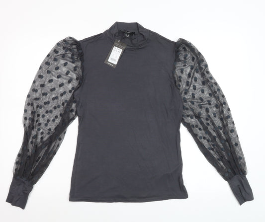New Look Women’s Black Polka Dot Mesh Sleeve High Neck Blouse UK 14