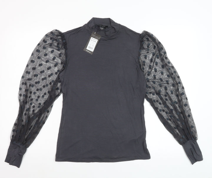 New Look Women’s Black Polka Dot Mesh Sleeve High Neck Blouse UK 14