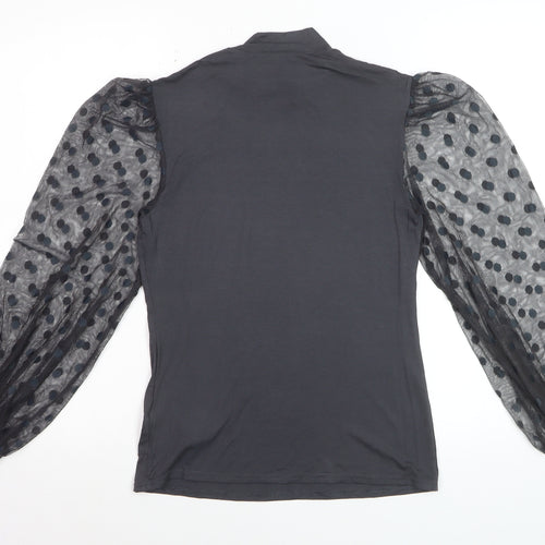 New Look Women’s Black Polka Dot Mesh Sleeve High Neck Blouse UK 14