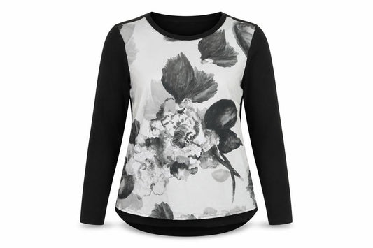 Front view of RJR.John Rocha women’s black floral long sleeve t-shirt, size UK 14