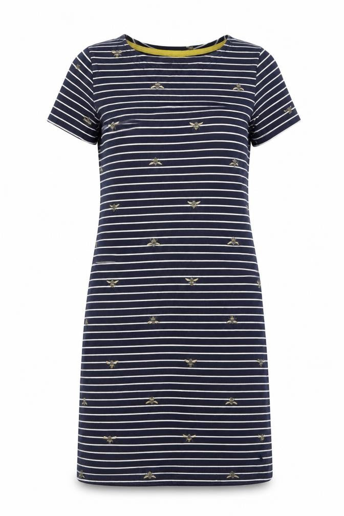 Joules Women’s Blue Striped Bee Embroidered Cotton T-Shirt Dress Size 10