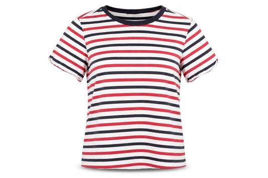 Front view of Topshop women’s multicoloured striped ringer t-shirt, size UK 12