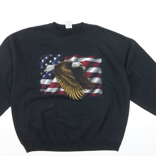 Jerzees Men's Black Patriotic Eagle Flag Crew Neck Fleece Sweatshirt L