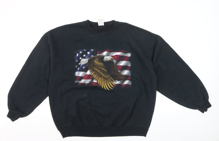 Jerzees Men's Black Patriotic Eagle Flag Crew Neck Fleece Sweatshirt L