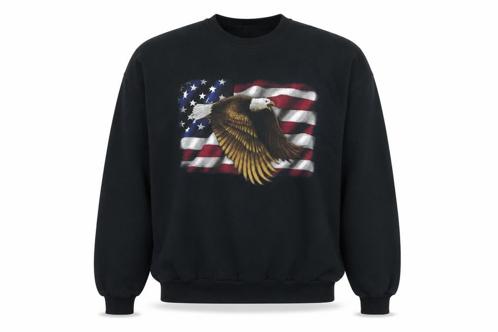 Front view of Jerzees Men's Black Patriotic Eagle Flag Crew Neck Fleece Sweatshirt L