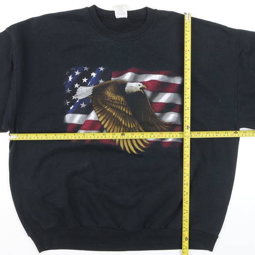 Jerzees Men's Black Patriotic Eagle Flag Crew Neck Fleece Sweatshirt L
