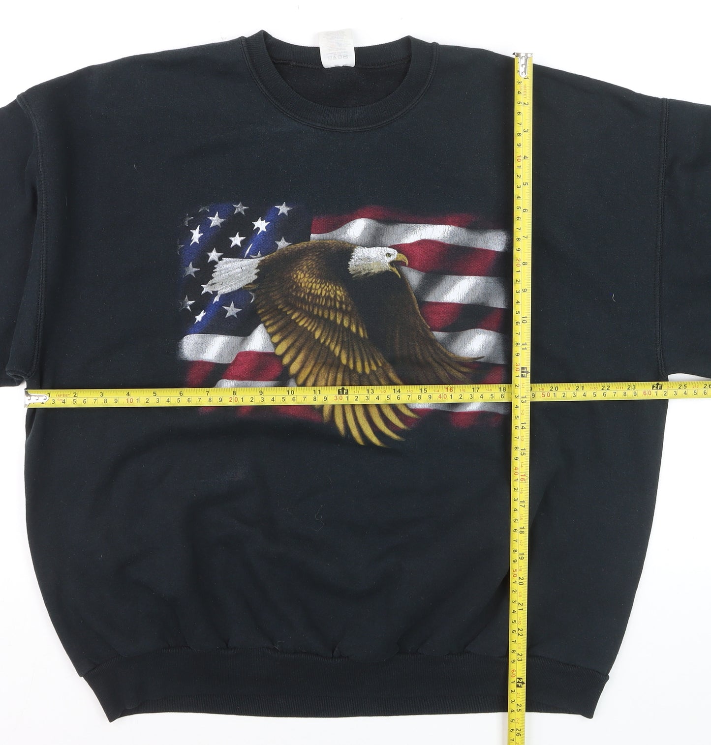 Jerzees Men's Black Patriotic Eagle Flag Crew Neck Fleece Sweatshirt L