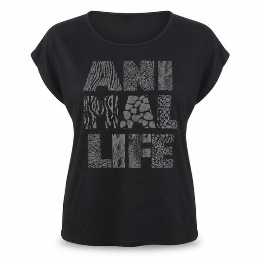 Front view of Encuentro Women's Black XL Animal Print Relaxed Rayon T-Shirt