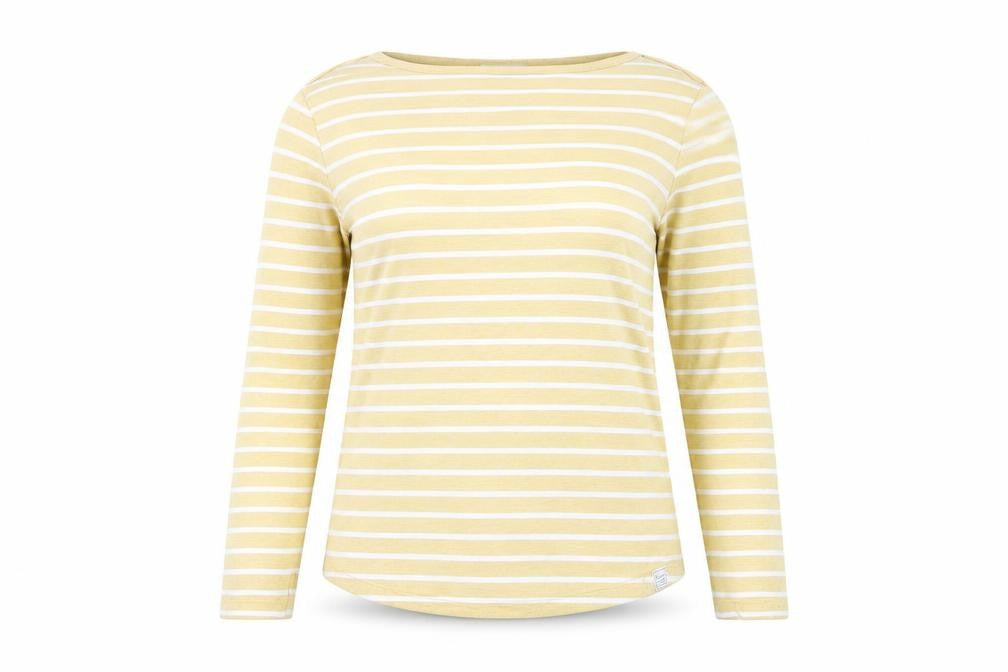 Fat Face Women Yellow Striped Long Sleeve Cotton Breton T-Shirt Size 12