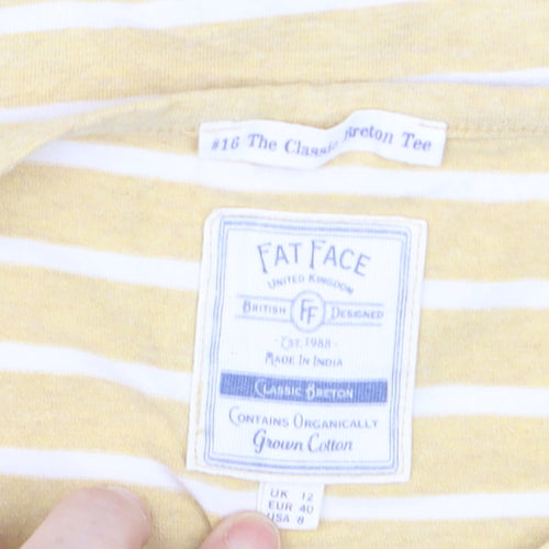 Fat Face Women Yellow Striped Long Sleeve Cotton Breton T-Shirt Size 12