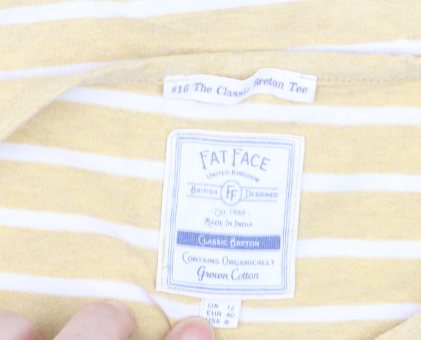 Fat Face Women Yellow Striped Long Sleeve Cotton Breton T-Shirt Size 12