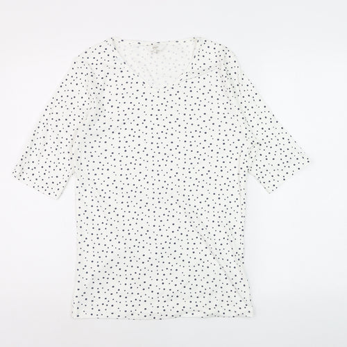 Cotton Traders Womens Ivory Polka Dot 3/4 Sleeve V-Neck T-Shirt Size 10