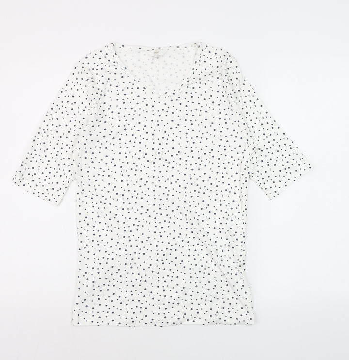 Cotton Traders Womens Ivory Polka Dot 3/4 Sleeve V-Neck T-Shirt Size 10