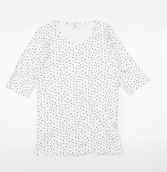 Cotton Traders Womens Ivory Polka Dot 3/4 Sleeve V-Neck T-Shirt Size 10