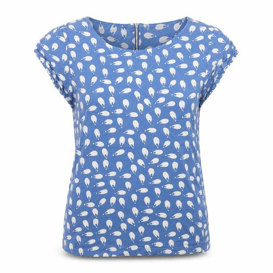 Front view of French Connection women’s blue cotton short sleeve blouse m