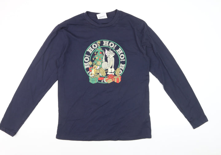 Tom & Jerry Men's Blue Christmas Long Sleeve Graphic Shirt Size S