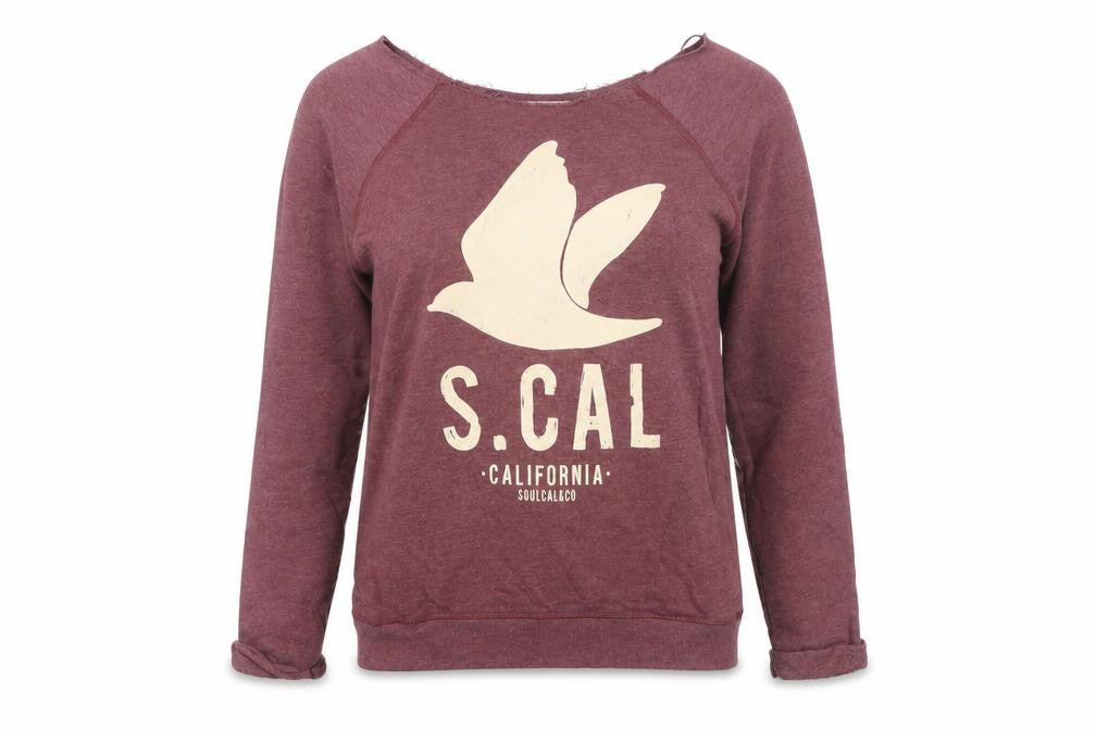 Front view of SoulCal women’s burgundy pullover sweatshirt, size UK 12, graphic print