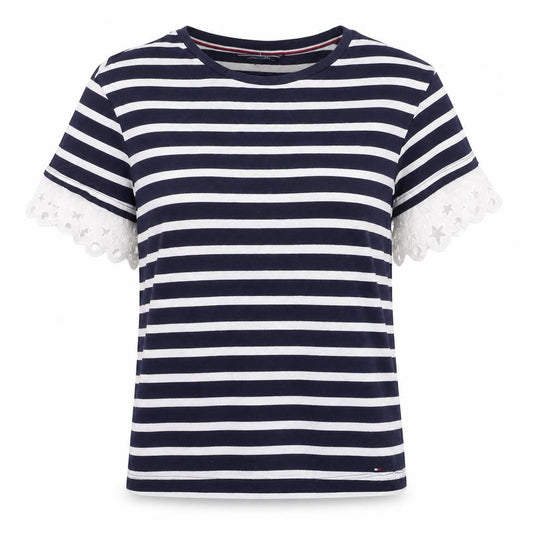 Front view of Tommy Hilfiger Women's Navy Striped Cotton T-Shirt XS