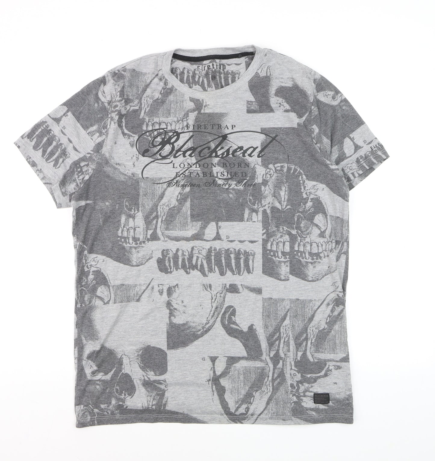 Firetrap Men's Grey Skull Print Crew Neck T-Shirt Size L